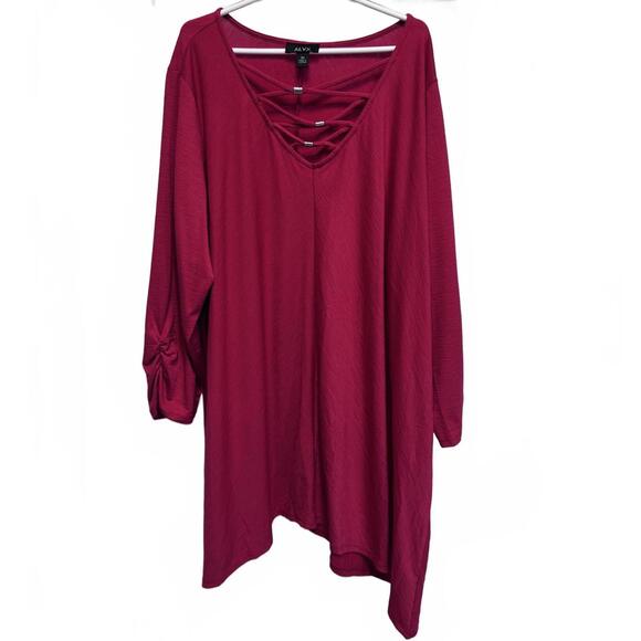 Alyx Tops - Alyx Red Lattice Ruched Sleeves Shark Bite Hem Top Plus Size 3X